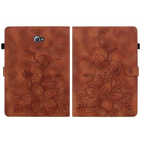 FJLBDE Case for Samsung Galaxy Tab A 10.1 2016 SM-T580 T585 T587, Embossed Flower PU Leather Flip Wallet Folio Stand Cover, Brown