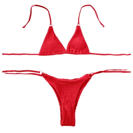 JIANJIA Womens Swimsuits Solid Color Sexy Lace Up Halter Backless Brassiere With Thongs Split Swimsuit Two Piece Bikinis Swimwears Activewear Red L
