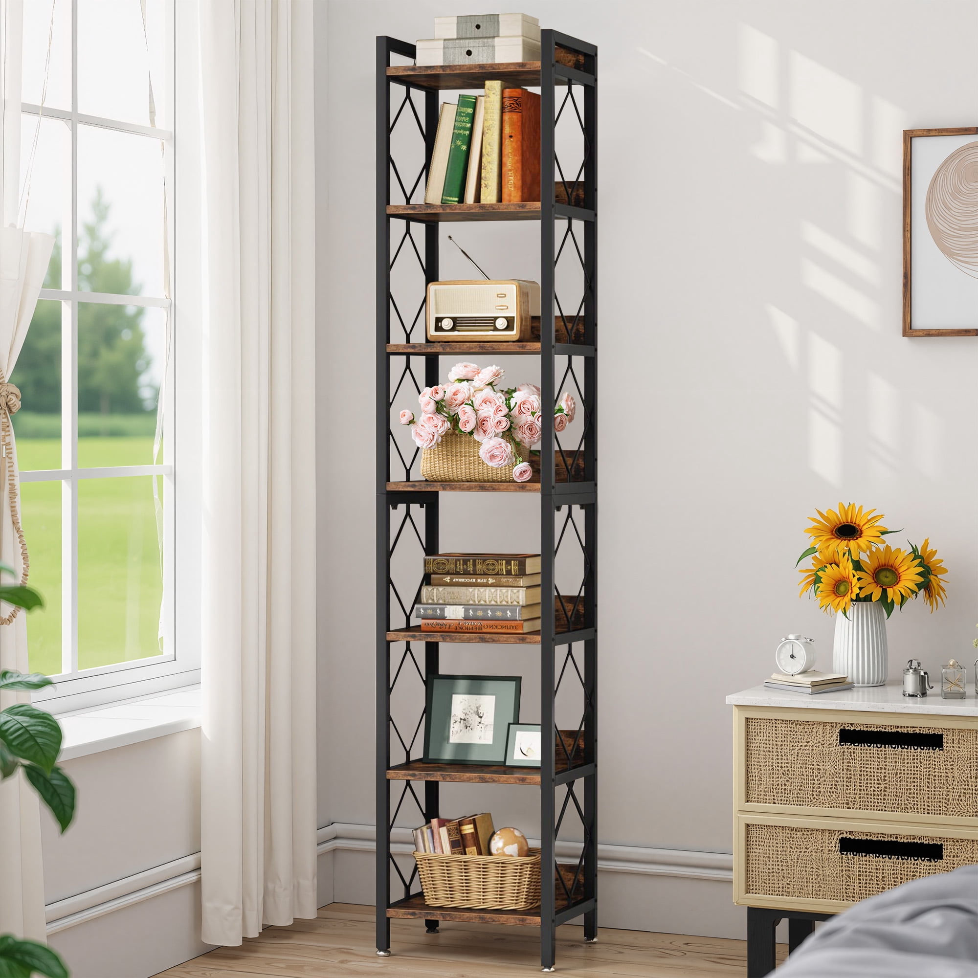 MAYEERTY 78.7" Tall Narrow 7-Tier Corner Shelf, Diamond Pattern Anti-Fall Corner Display Rack for Tight Small Spaces