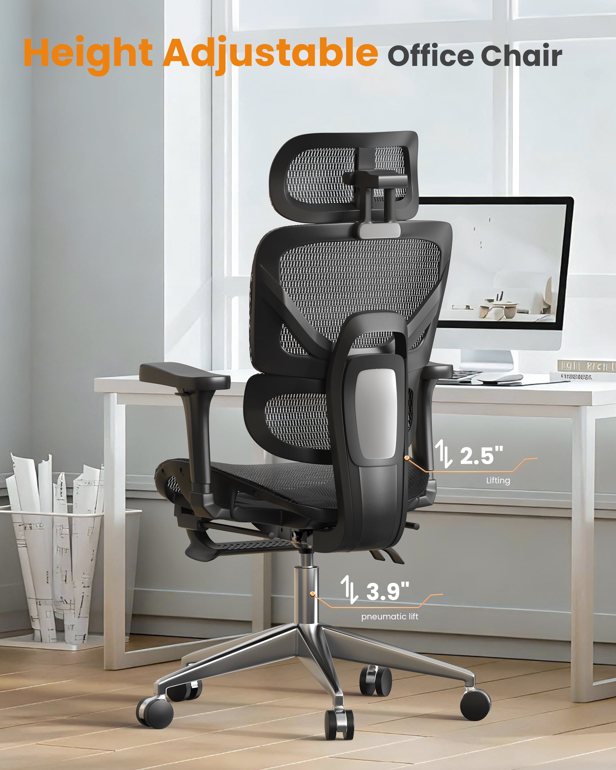 Doubleslee Ergonomic Office Chair, High Back Mesh Office Chairs with Adjustable Headrest, Lumbar Support, 3D Armrest and Footrest