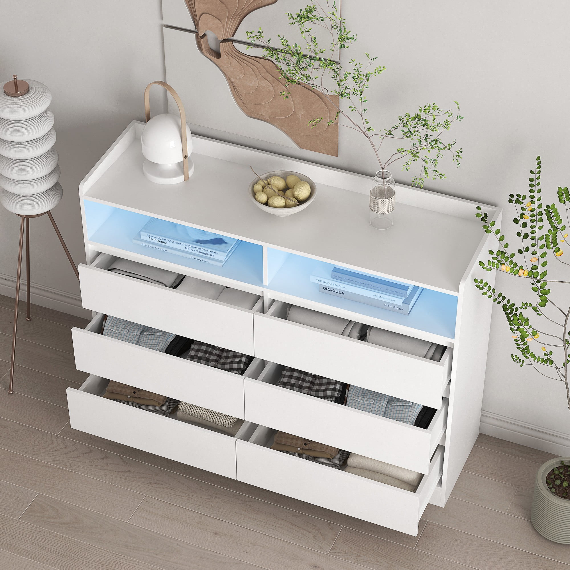 Finihen 6 Drawer Dresser, Modern Chest of Drawers with Led Lights, Wooden Dresser for Bedroom with Sturdy Frame for Living Room, Entryway, Hallway, White-L Finihen 6 Drawer Dresser, Modern Chest of Drawers with Led Lights, Wooden Dresser for Bedroom with Sturdy Frame for Living Room, Entryway, Hallway, White-L