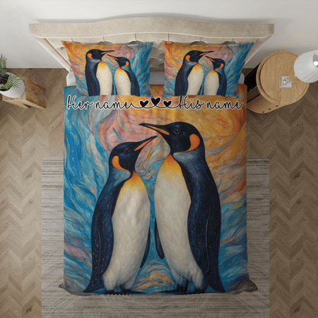 Artistic Penguin Bedding Set for Couples – Personalized Name Bed Set with Abstract Love Design – Romantic Gift for Him & Her