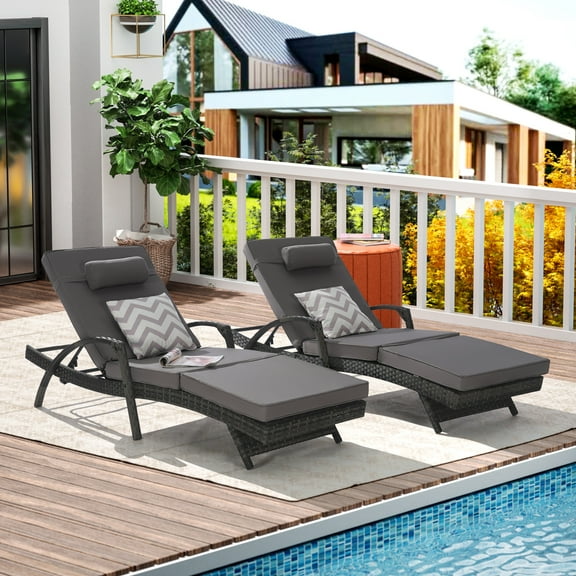 PAPROOS Outdoor Chaise Lounge Chair Set of 2, Rattan Patio Chaise Lounge Chair with Cushion and Arms, Modern 5-Positions Adjustable Outdoor Lounger Recliner for Poolside, Garden, Backyard, Dark Gray