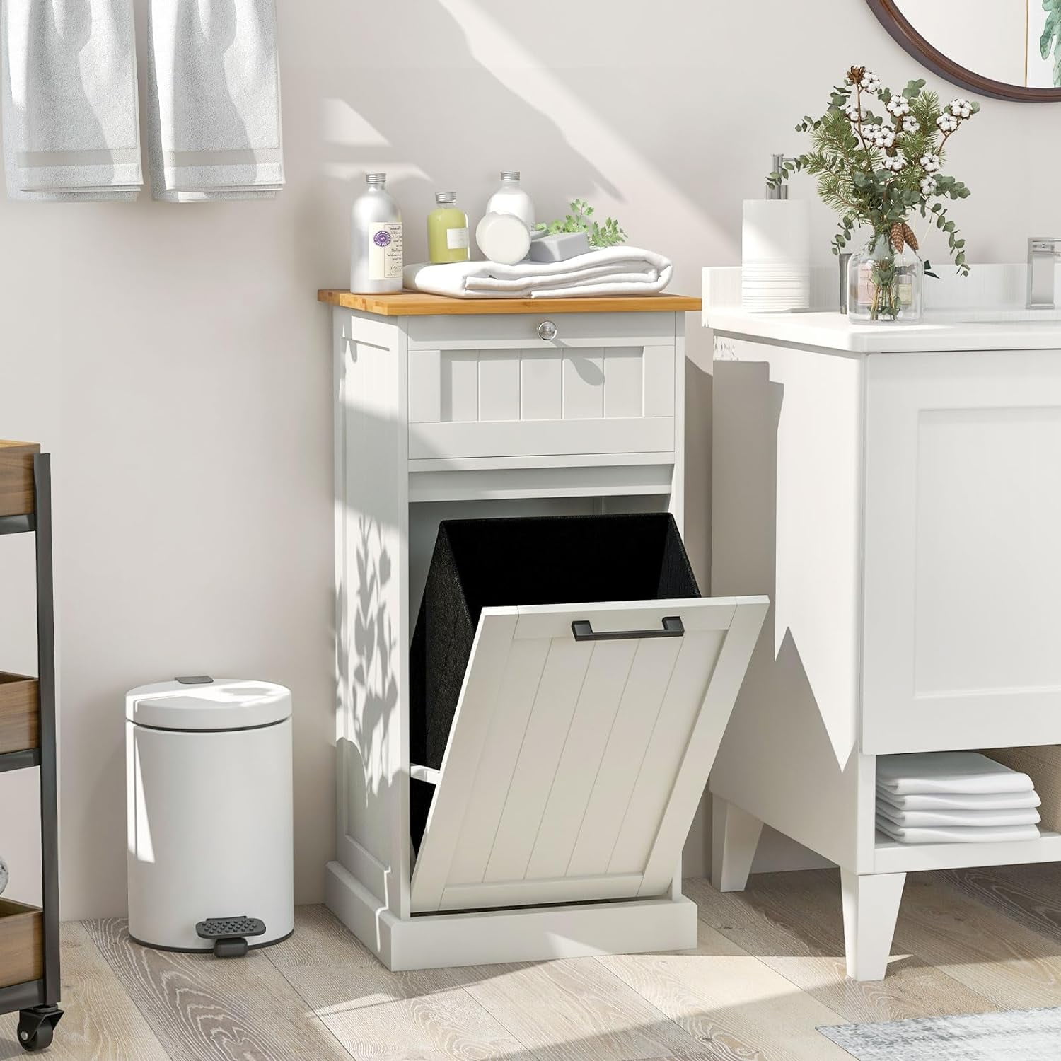 Tilt Out Laundry Cabinet, 10 Gallon Wood Hidden Hamper Cabinet with Removable Basket, Drawer, Bamboo Countertop, Bathroom Storage Cabinet, White
