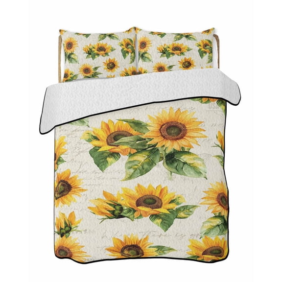 Retro Sunflower Quilts Bedding Set Twin Size Farmhouse Flowers Lightweight Quilted Bedspread 3 Piece Bed Quilt with 2 Pillow Shams All Season for Bedroom 68" x 86"