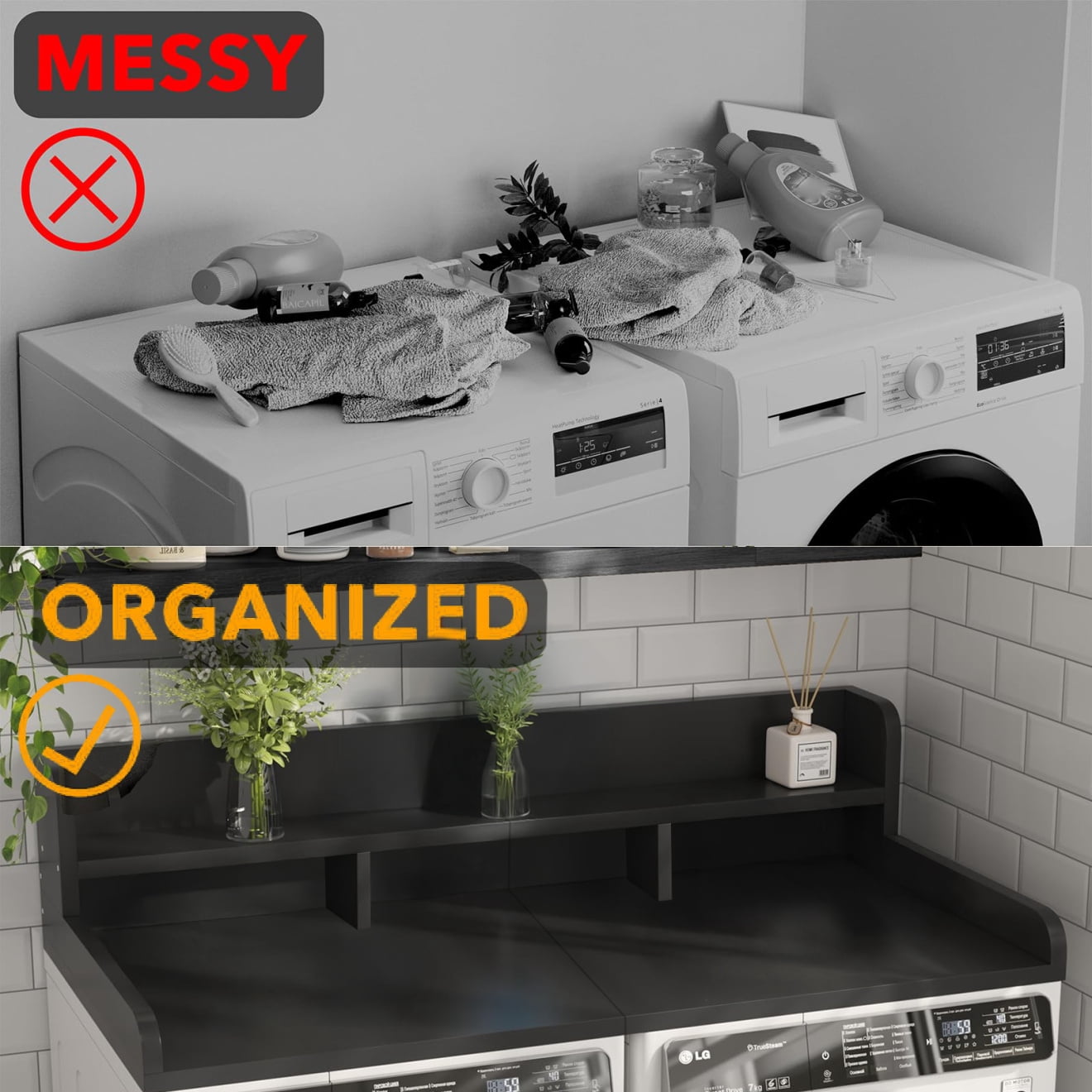 2-Tier Washer Dryer Countertop with Edge Rails, Washer and Dryer Double Topper, Water-Resistant Laundry Topper for Laundry Hamper Counter Storage, Black, 54" W x 27.5" D, Black