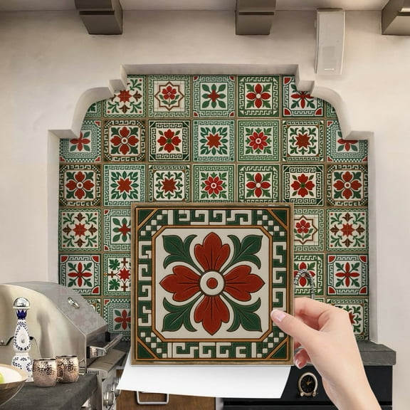24Pcs Self Adhesive Tiles Wall Stickers Decals 8 x 8in DIY Decor Green and Red Flower Mural Vinyl Waterproof Peel and Stick Kitchen Backsplash