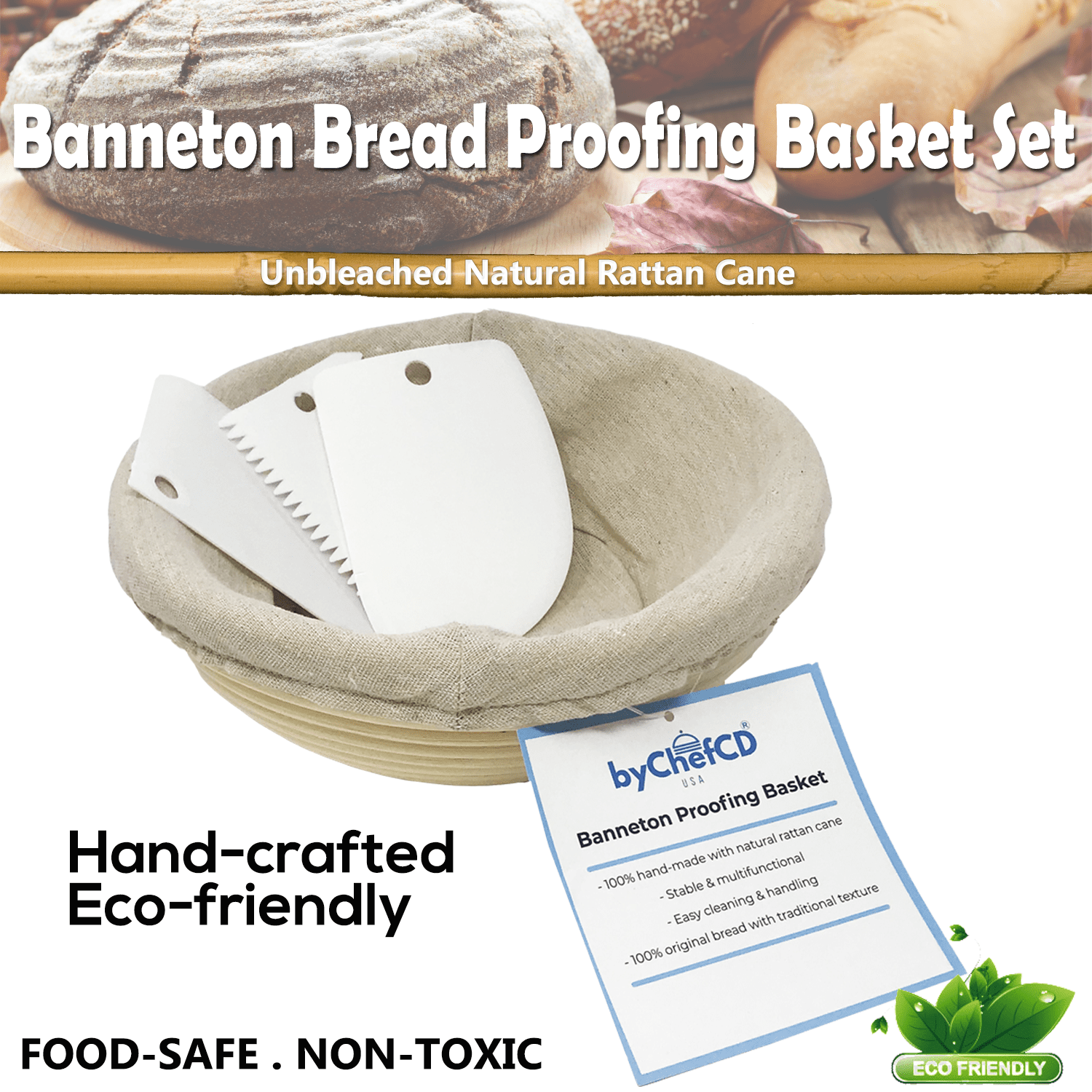 Round Banneton Proofing Basket Set Brotform Handmade Unbleached Natural Cane Bread Baking Kit with Cloth Liner 10 inch 