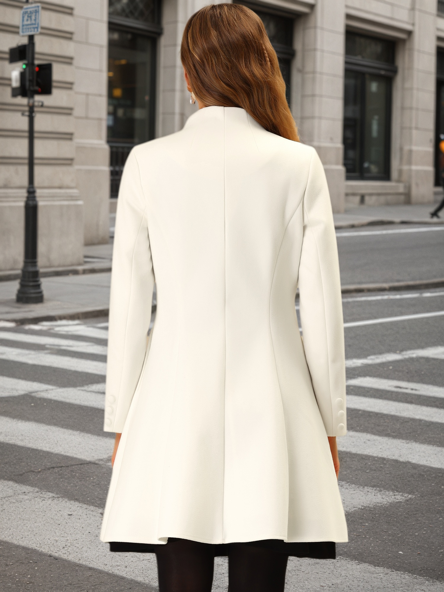DARING DIVA Women's A-Line Long Sleeve Single Breasted Peplum Hem Long Coat White XS