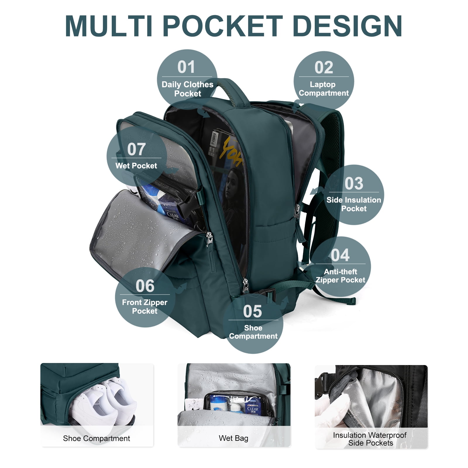 Large Backpack Women, Carry On Backpack,Hiking Backpack Waterproof Outdoor Sports Rucksack Casual Daypack School Bag Fit 14 Inch Laptop with USB Charging Port Shoes Compartment
