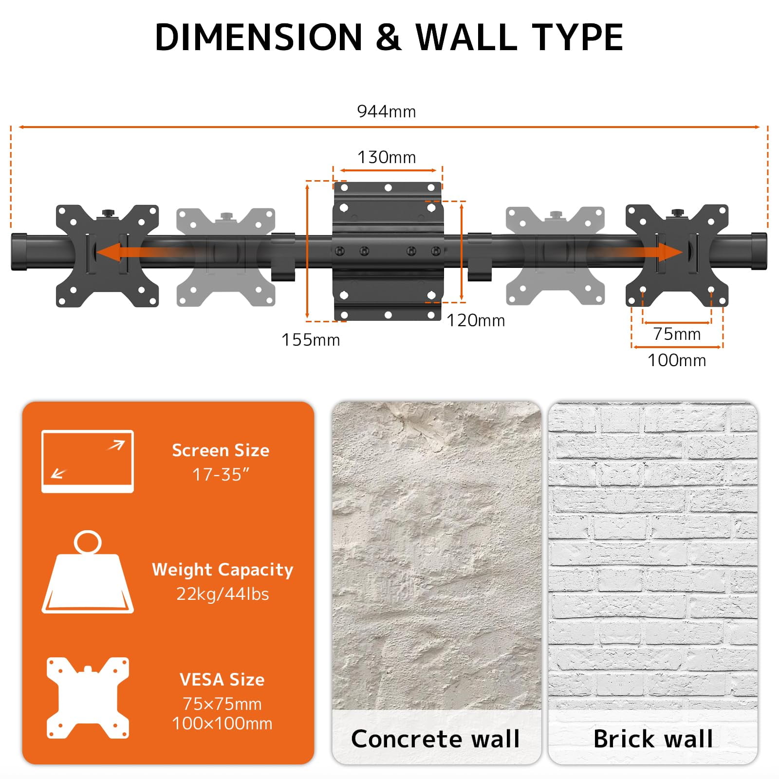 PUTORSEN Dual Monitor Wall Mount, Horizontal Assembly Mount for 2 Monitor Screens up to 35 inches, Max. 10kg per Arm, VESA 75x75/100x100mm