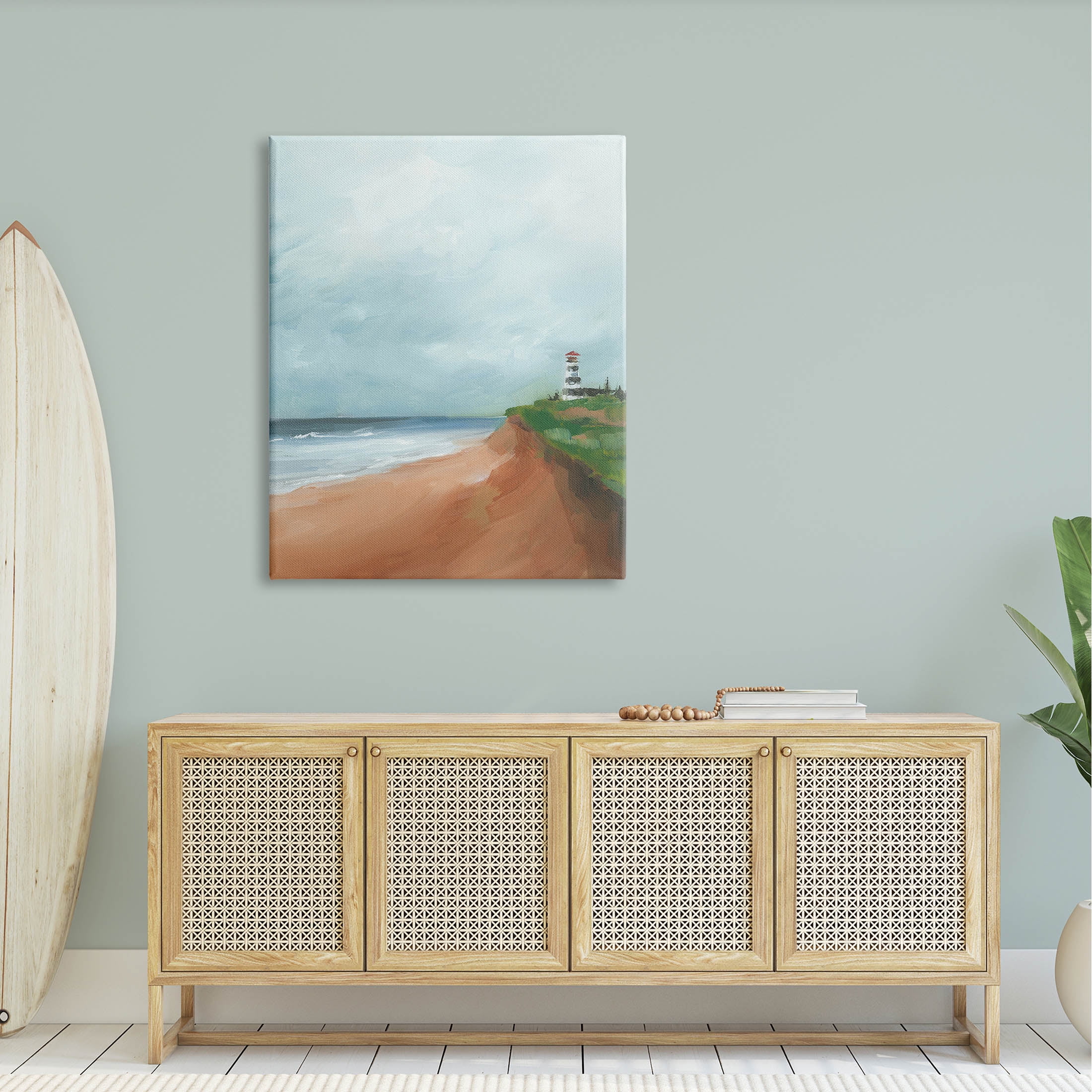 Distant Lighthouse Beach Shore Coastal Painting Gallery Wrapped Canvas Print Wall Art