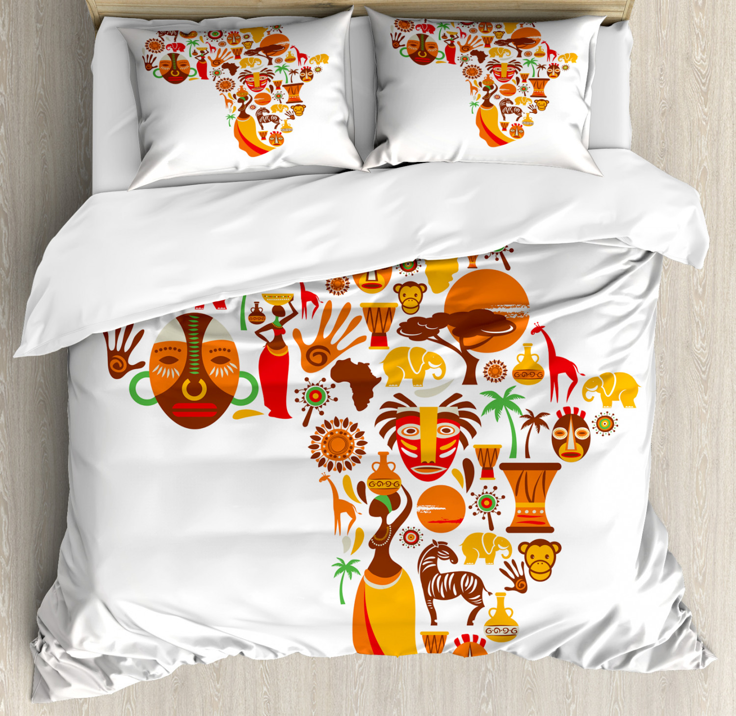 African Duvet Cover Set, African Map with Different Famous Icons Ethnic Masks and Savannah Style