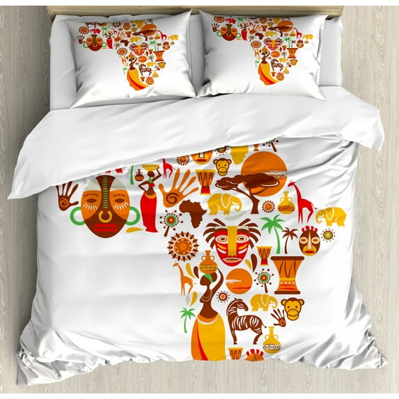 African Duvet Cover Set, Map Different Famous and Savannah Style Art, Decorative 3 Piece Bedding Set with 2 Pillow Shams, King Size, Orange Brown, by Ambesonne