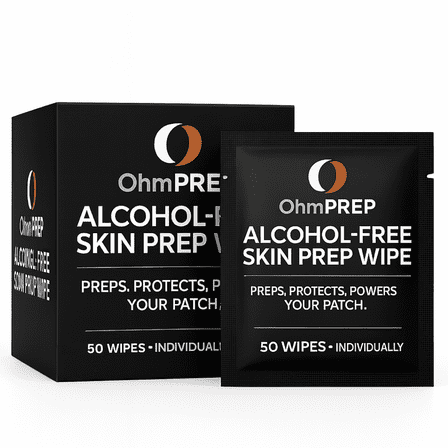 OHM PREP Alcohol-Free Skin Prep Wipe | 50 Wipes | Gentle Skin Cleaner for CGM, Patches & Medical Adhesives