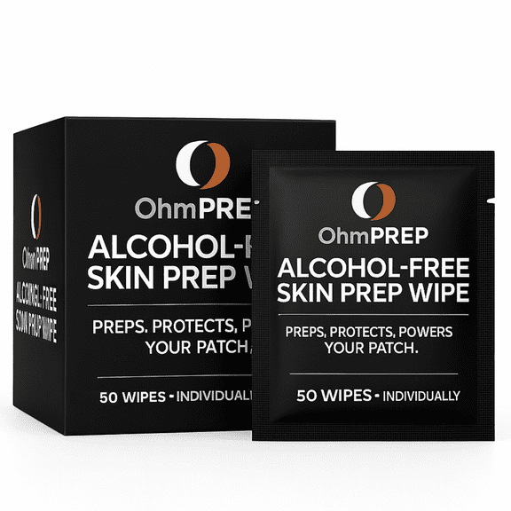 OHM PREP Alcohol-Free Skin Prep Wipe | 50 Wipes | Gentle Skin Cleaner for CGM, Patches & Medical Adhesives