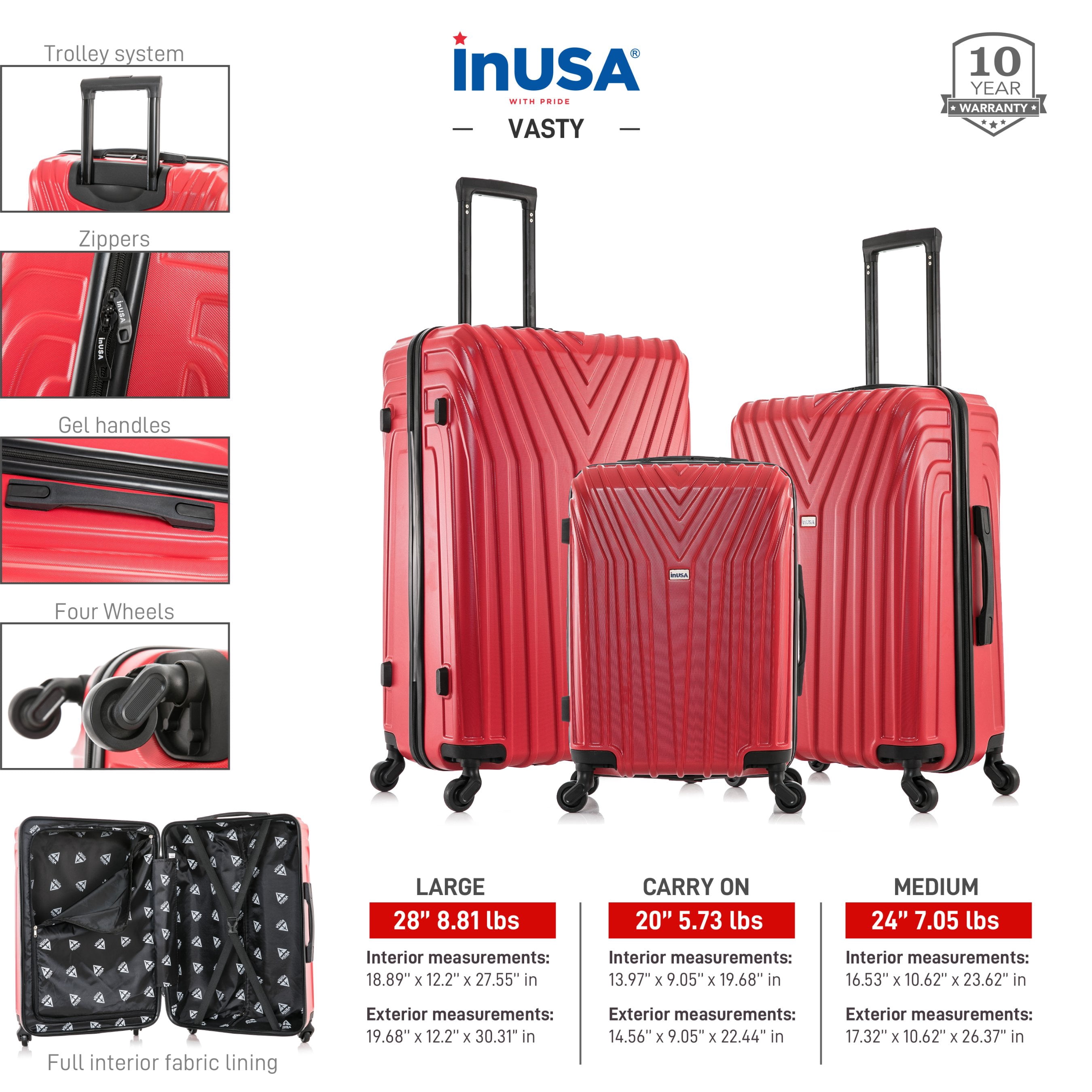 InUSA Vasty 3-Piece Hardside Luggage Sets with Spinner Wheels, Handle, and Trolley, (20"/24"/28"), Red