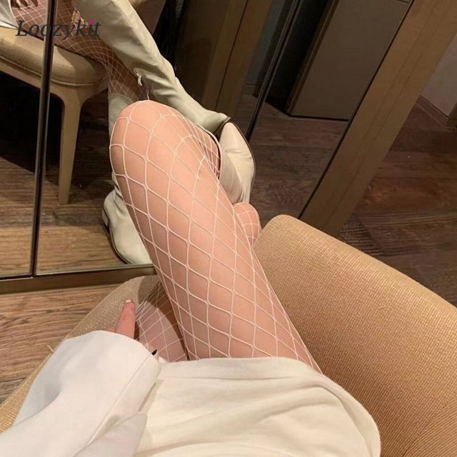 Medias largas de rejilla para mujer, pantimedias de malla de nailon, lencería de cintura alta para el muslo, color blanco y negro