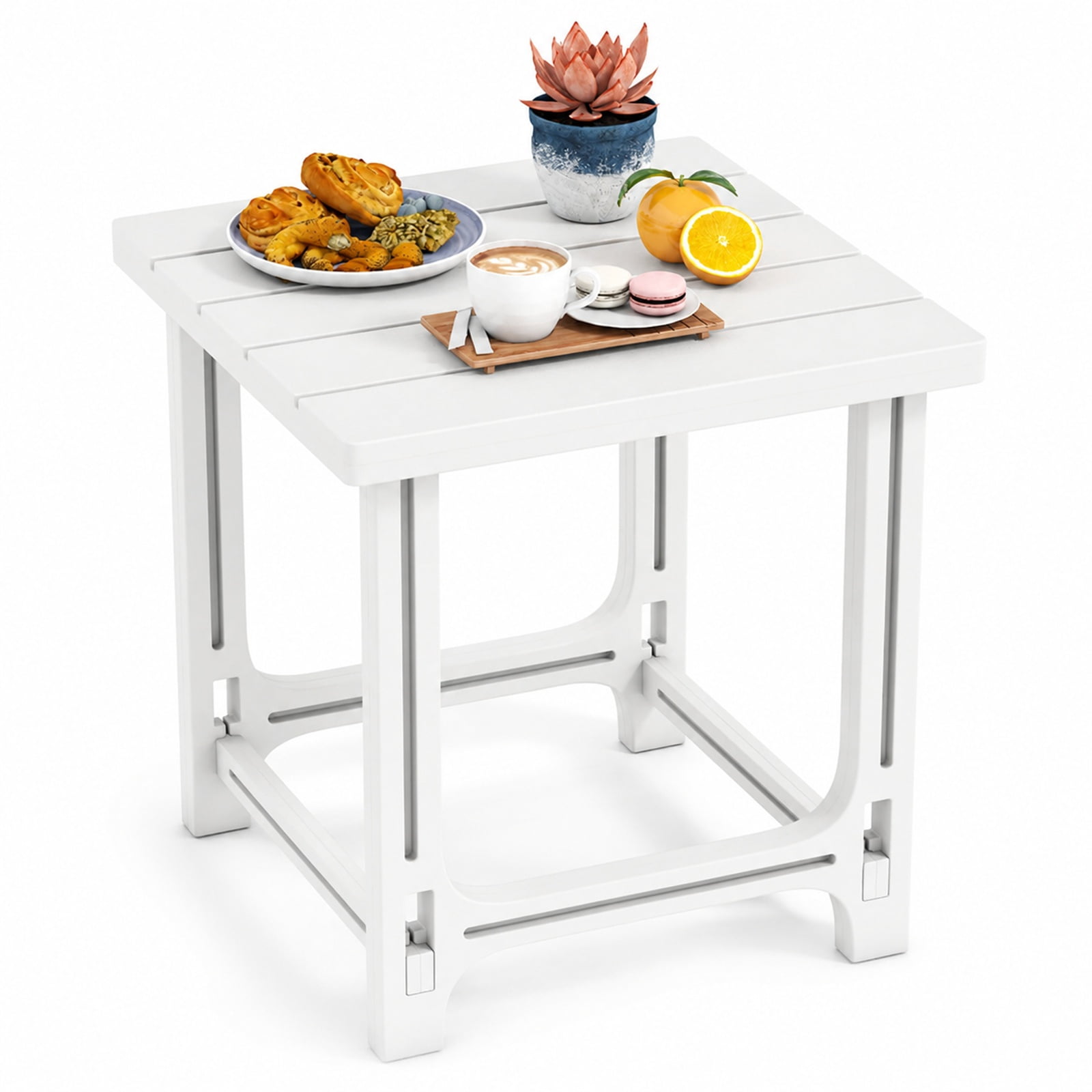 Biotree 18 Inch Adirondack Side Table Outdoor, All-Weather HDPE Patio End Table with Slatted Top and 315 lbs Capacity for Poolside Deck, White