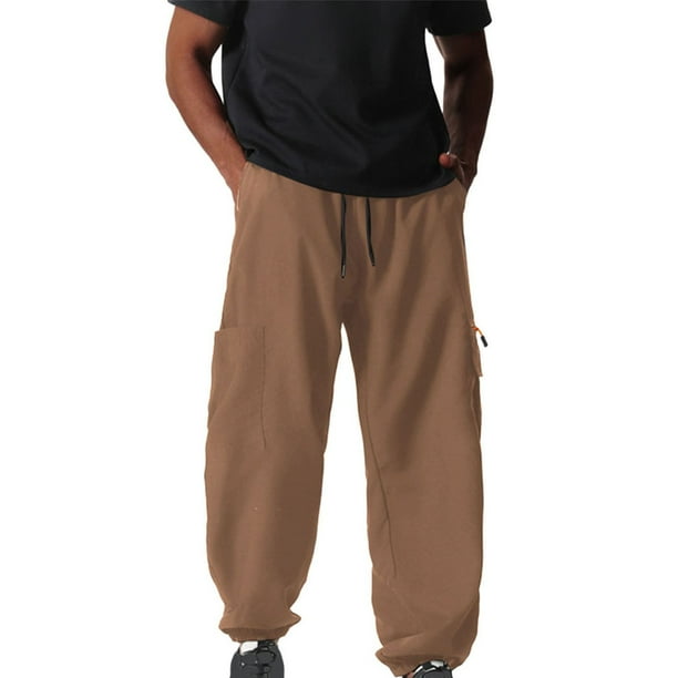 Pantalones de trabajo para hombre, de color liso, con cordón, cintura elástica y múltiples bolsillos