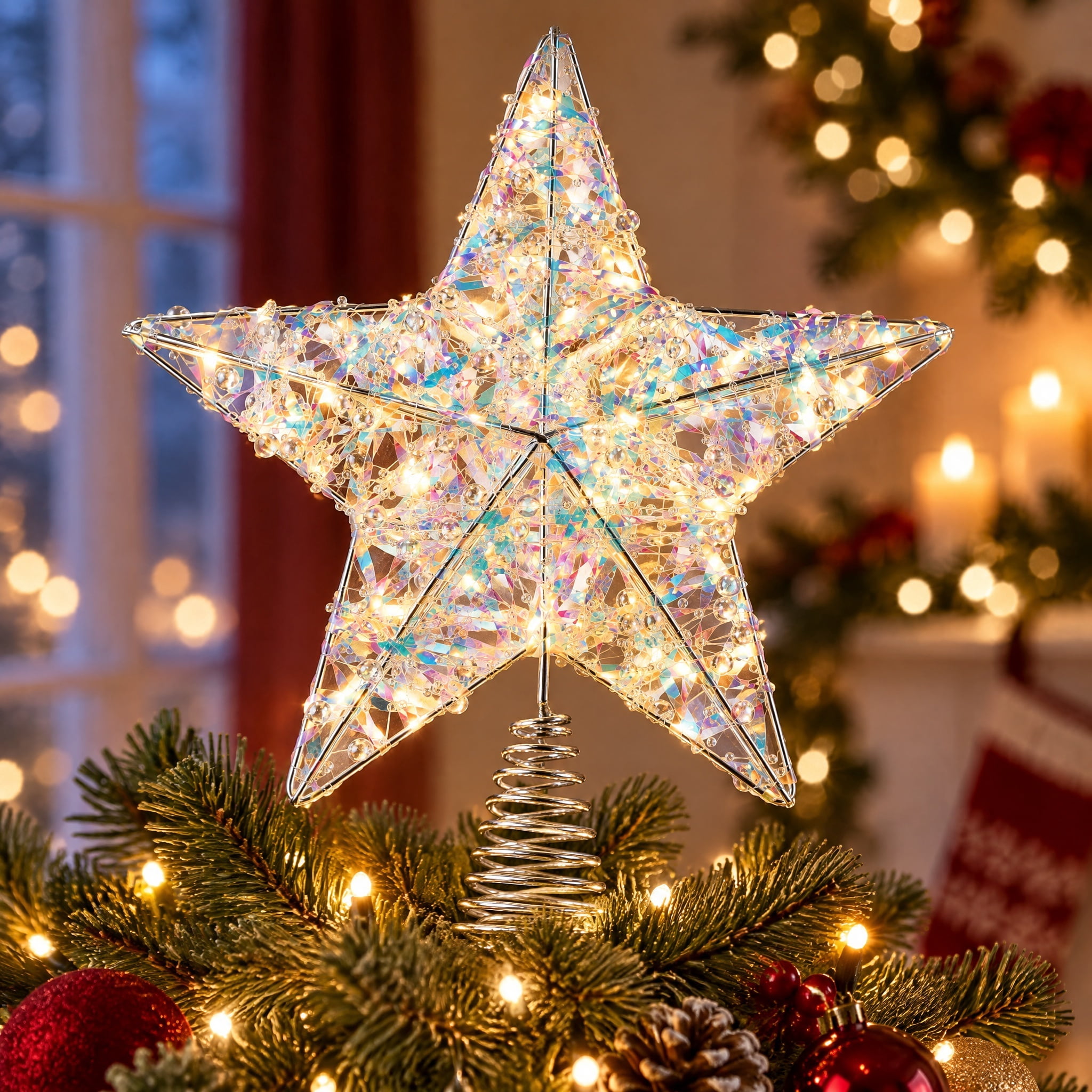 Beaded Star Christmas Tree Topper, Iridescent, 11.4", by Holiday Time