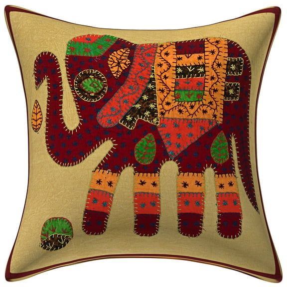 Stylo Culture Ethnic Couch Throw Pillow Cover 16x16 Applique Embroidered Patchwork Maroon Bohemian 40cm x 40cm Bedroom Cotton Elephant Square Cushion Cover | 1 Pc