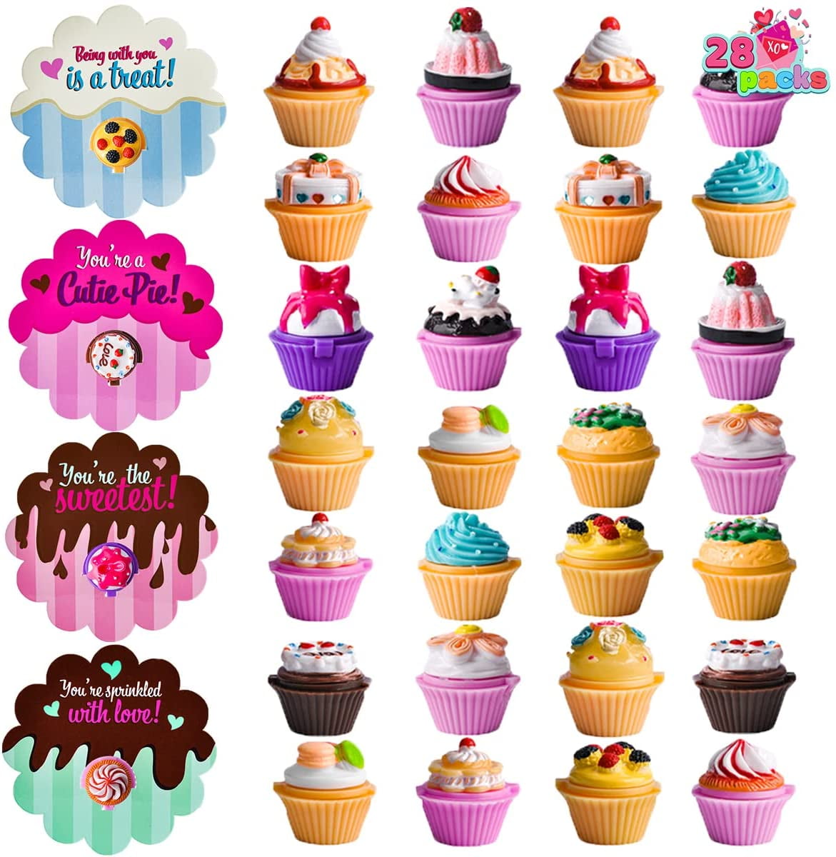 Valentine’s Greeting Cards Classroom Exchange Prizes 28 Sets Make up Lip balm with Figures Valentine's Cards in 4 Designs for Kids Party Favor 