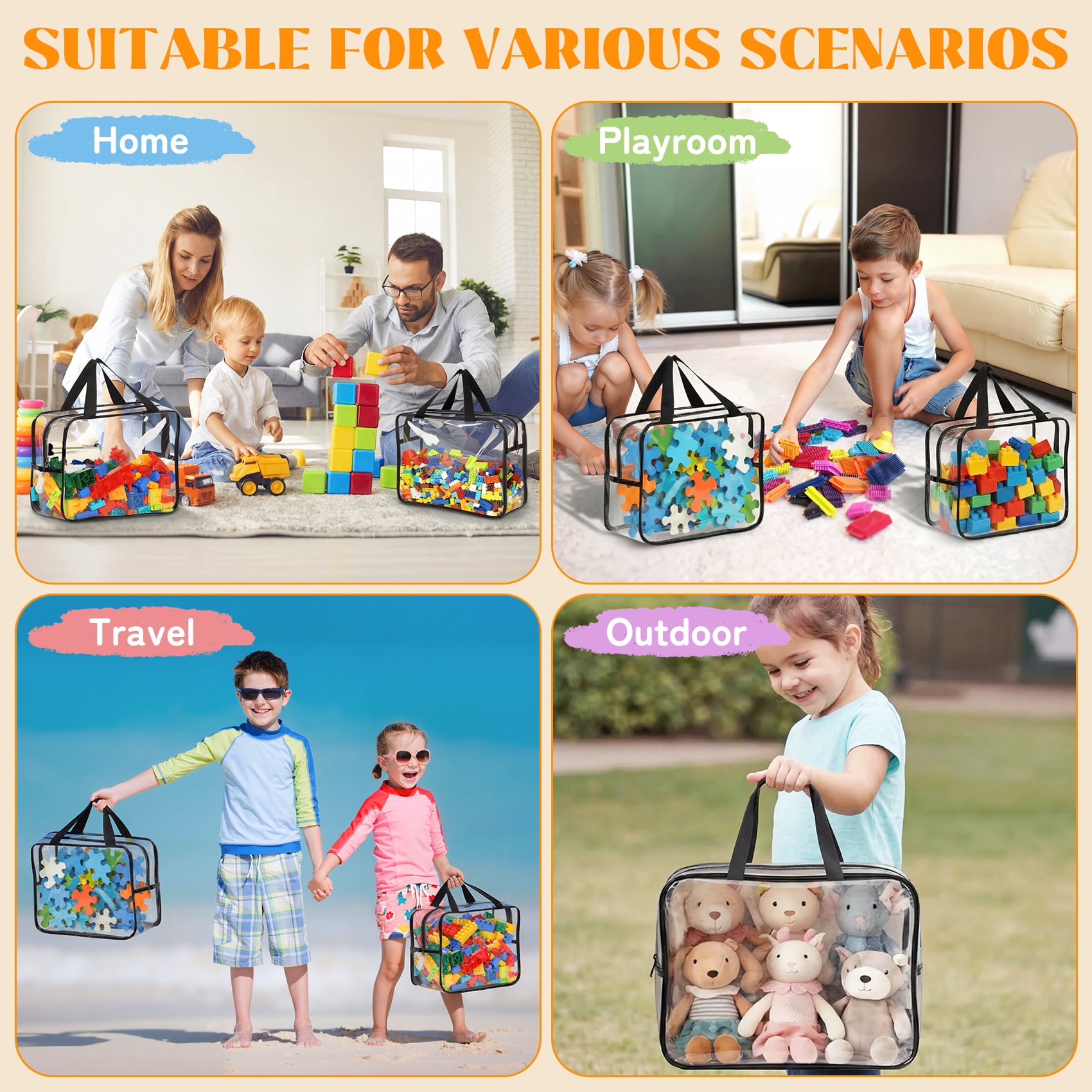 6 Pack Clear Toy Storage Bags with Carry Handles, 2 Sizes Zippered Storage Organizer Bins for Legos Puzzles Board Games, Playroom Storage Organizers.