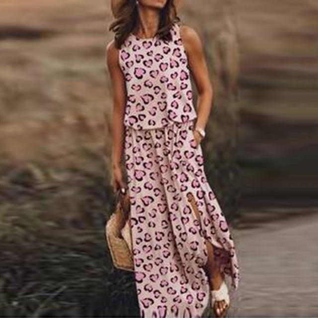 Lenago Robe Sans Manches Grande Taille pour Femmes Mode Aguichant Col Rond Imprimé Sans Manches Décontractée Fente Ouverte Longue Robe Robes d'Été de Plage en Liquidation