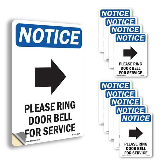 Please Ring Door Bell With Symbol OSHA Notice Vinyl Decal Label 10 Inch x 7 Inch - 10 Pack