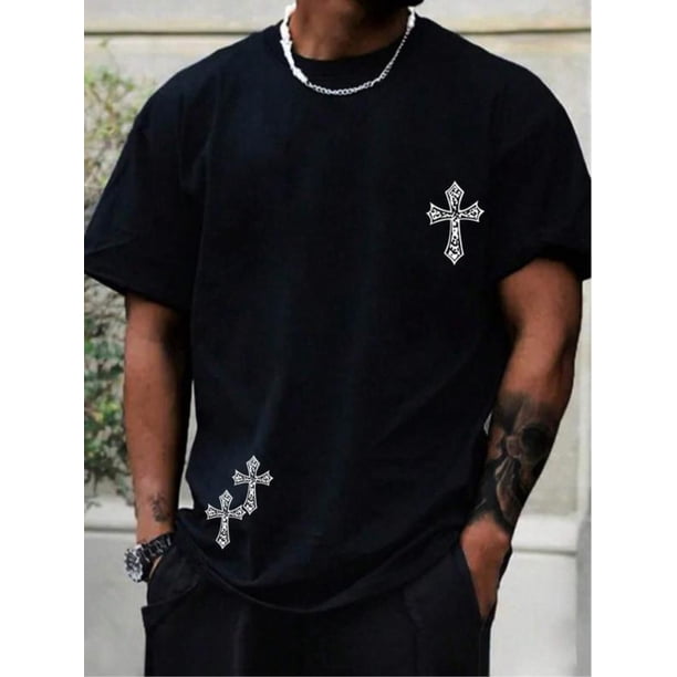 Camiseta de cuello redondo con estampado cruzado para hombre, camisetas gráficas de los 90, camiseta informal de manga corta con cuello redondo y corte regular para verano, ropa de calle, top de moda