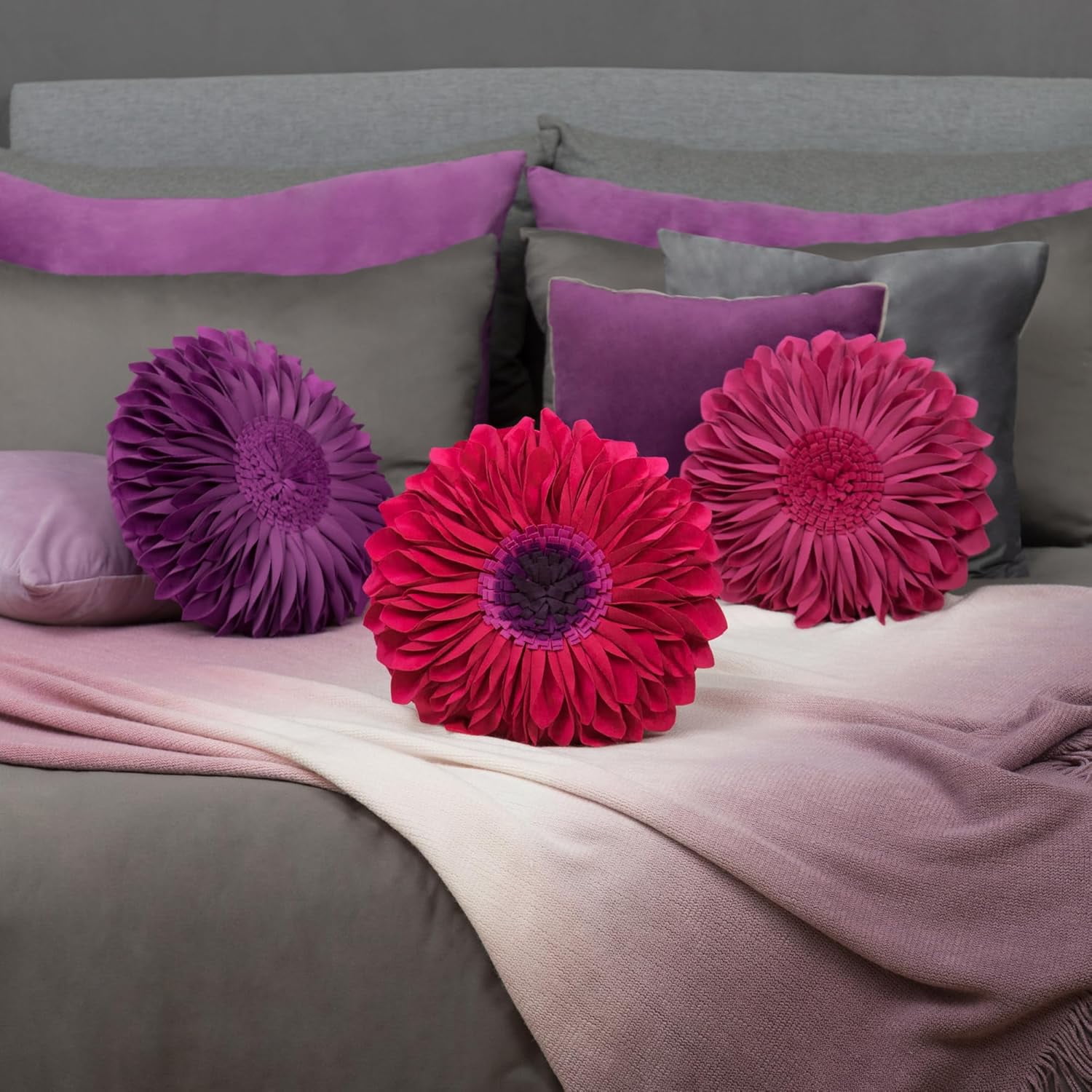 JWH 3D Handmade Round Decorative Soft Velvet Flower Pillows Throw Pillows for Bedroom Couch Bed Decor 14 Inch Berry
