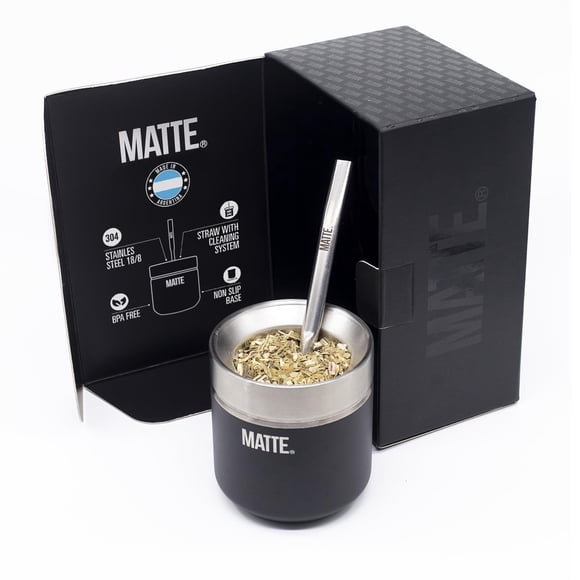 Matte Mate - Juego de tazas de té y calabaza, taza de calabaza Yerba Mate (6.5 onzas) y foco (paja Yerba Mate). Acero inoxidable, doble pared, diseño elegante. Caja DS PRO (negro