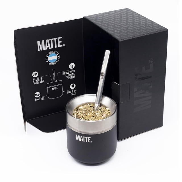 Matte Mate - Juego de tazas de té y calabaza, taza de calabaza Yerba Mate (6.5 onzas) y foco (paja Yerba Mate). Acero inoxidable, doble pared, diseño elegante. Caja DS PRO (negro