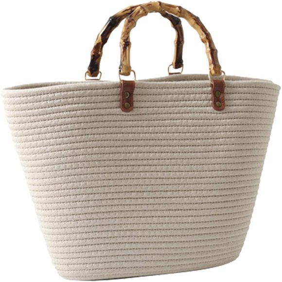 CHOK Straw Beach Bag Straw Tote Bag for Women with Bamboo Handles Summer Vacation Woven Beach Bag Shoulder Handbag