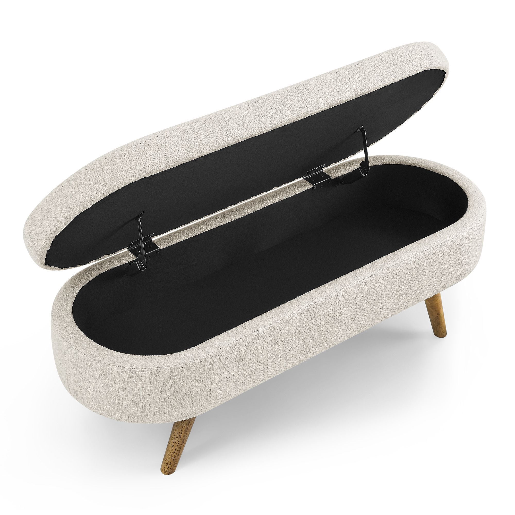 DEALTOPS 3D Linen Fabric Ottoman, Oval Storage Bench with Storage Space and Rubber Wood Legs, Beige