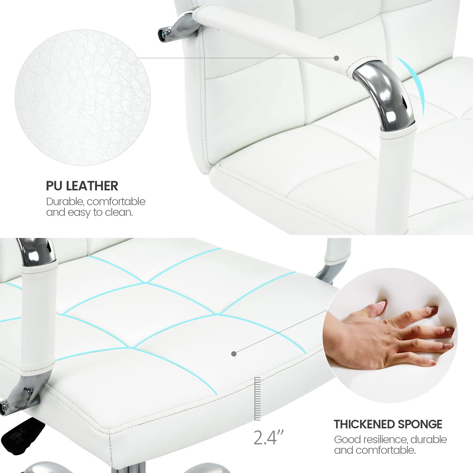 PU Leather Office Chair with Arms, Adjustable Height, Swivel Rolling Desk Chair, Mid-Back Upholstered Modern Chair for Home, Study, or Vanity, White