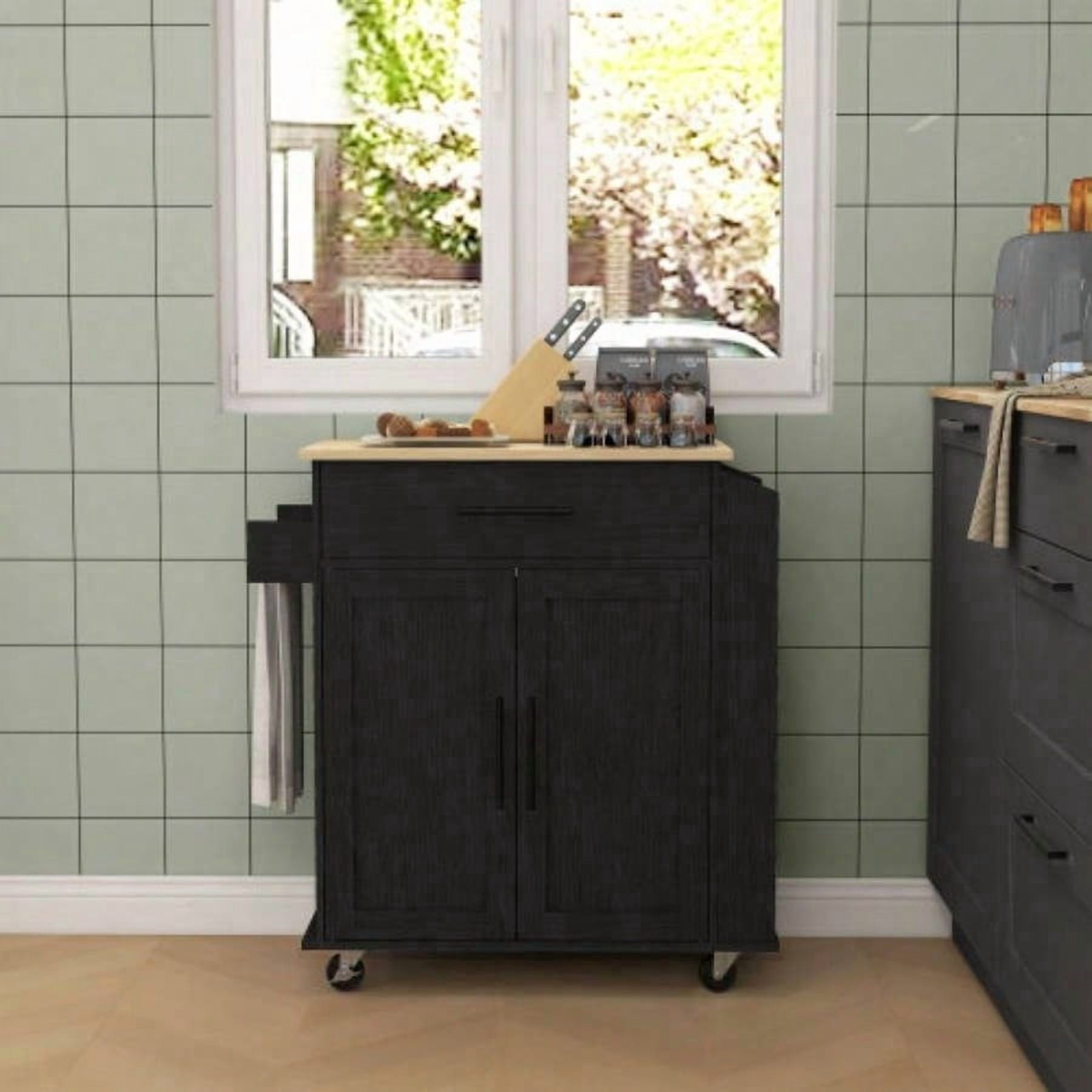 Rolling Kitchen Island Cart with Built-In AC Outlets & USB Ports, Equipped with Towel & Spice Racks, Black Color