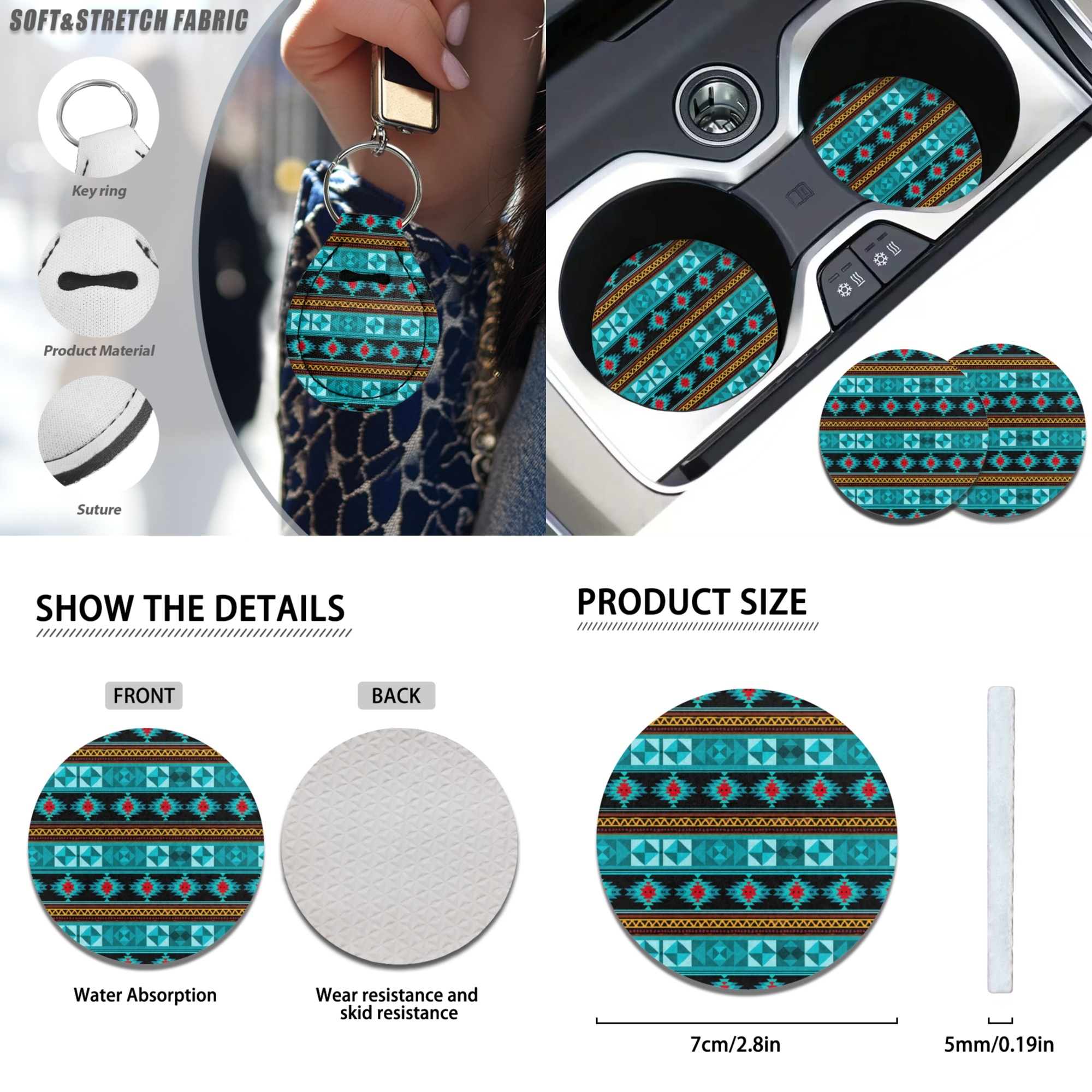 Jeiento Aztec Turquoise Car Accessories Full Set for Men, Navajo Design Automotive Vehicle Seat Cover, Decorative Car Floor Mat Steering Wheel Cover Center Console Pad Universal Fit
