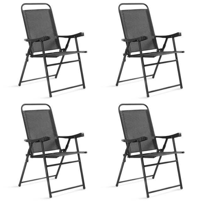 Costway Equipo de 4 Sillas Plegables de Exterior con Reposabrazos y Tejido Transpirable para Piscina Césped Patio Gris Oscuro 64 x 55 x 92 cm