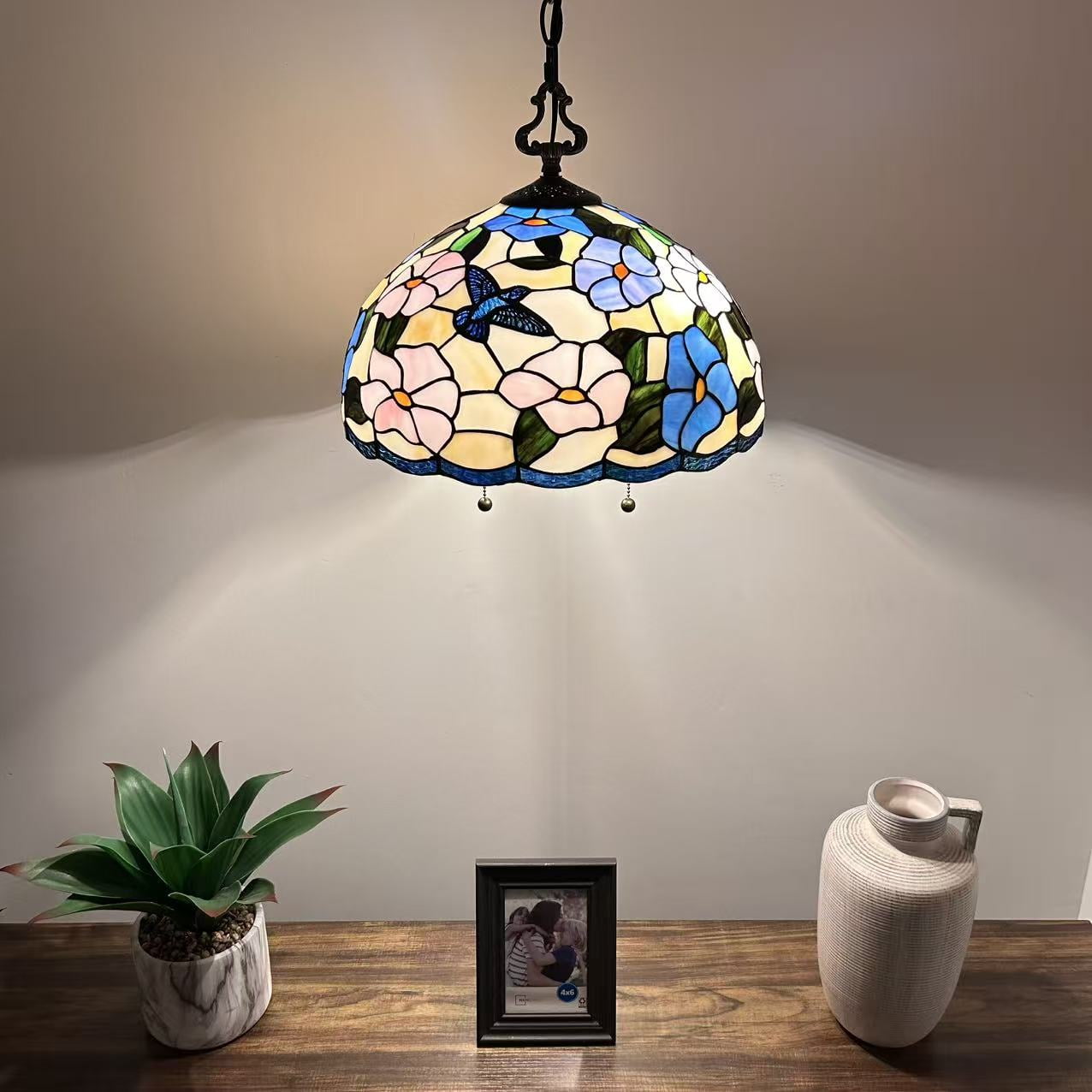 Tiffany Pendant Lights Fixture Pink Blue Stained Glass Hummingbird Flowers LED Bulb 16"W*16"D*75"H