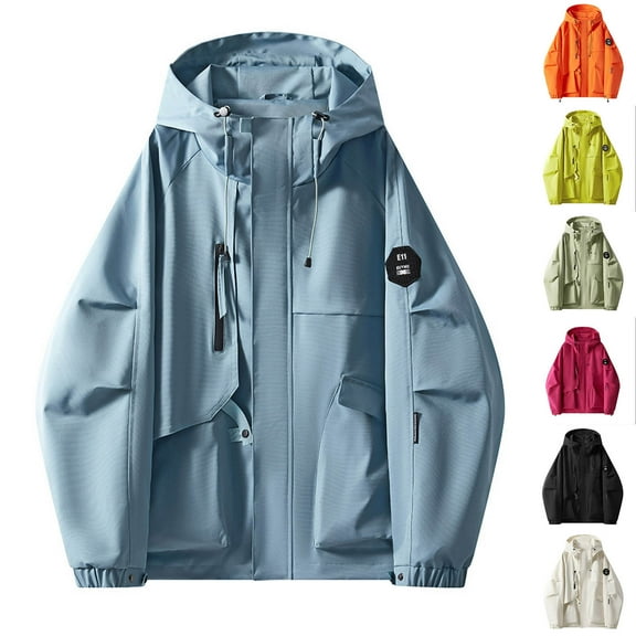 FRSASU Solid Color Sun Protection for Womens Top with Pocket Zipper Long Sleeved Hooded Casual Outwear Waterproof Jacket Coats White XL(XL)