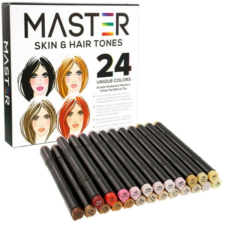 24 Color Master Markers Skin & Hair Tones Dual Tip Set Double-Ended Art Markers with Chisel Point and Standard Brush