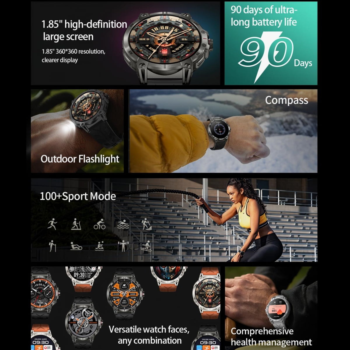 AIEK KC89 Smart Watch 760mah Large Battery life About7-10 days With Flashlight 1.85 inch Men Outdoors Sports Fitness Tracker Outdoor Sports Smartwatch
