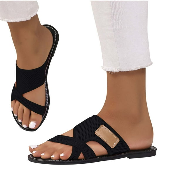 LOVZFMLL Flat Sandals for Women Summer Casual Anti-Slip Mesh Slippers Open Toe Outdoor Beach Walking Soft Slides Slip On Black 6