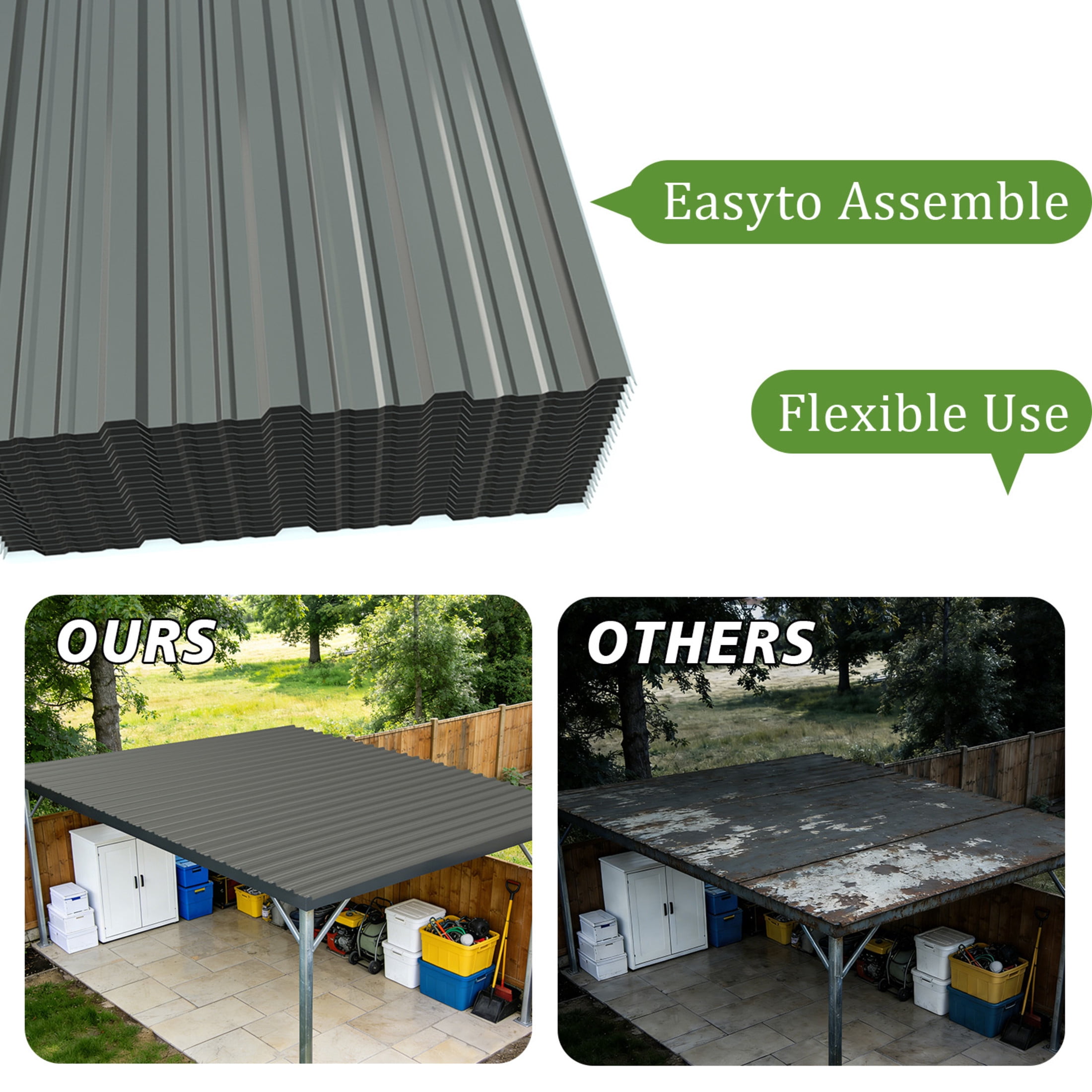 Noble House 10 Pack Corrugated Galvanized Steel Roof Panels, 61.02" x 18.9" Roofing Sheets, Gray