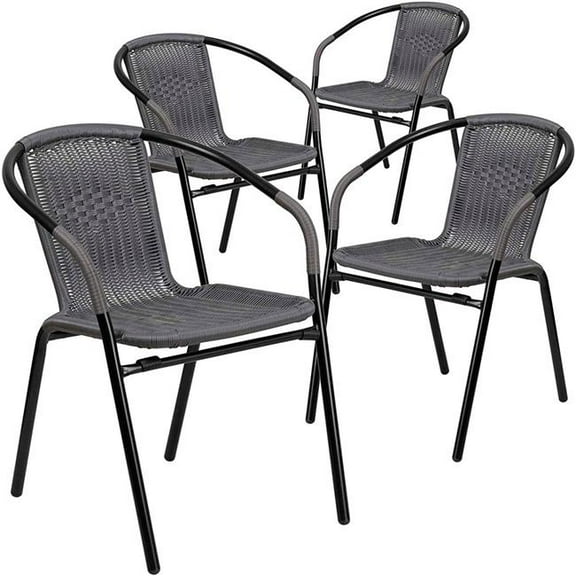 Global Industrial B2540185 Flash Furniture Gray Rattan Indoor-Outdoor Restaurant Stack Chair - Pack of 4