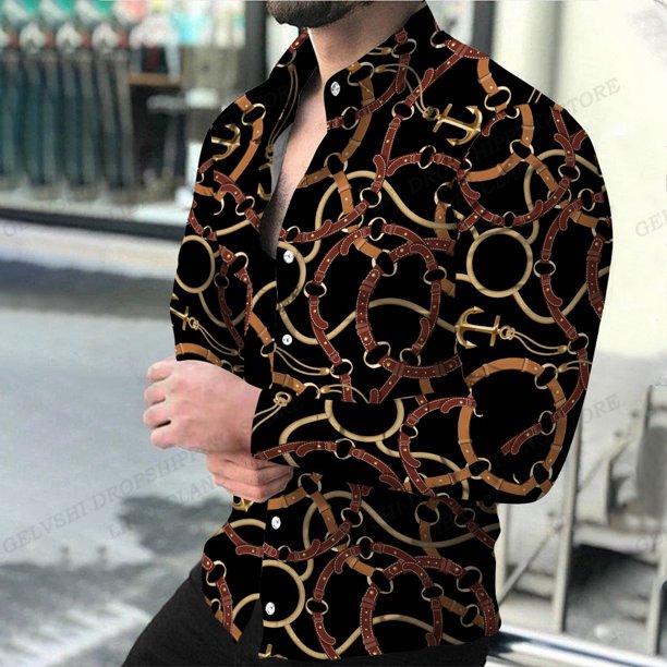 Camisas hawaianas de manga larga para hombre, camisas de moda, blusas de estilo europeo de lujo, blusas de playa doradas, ropa para hombre, camisas Voion para hombre