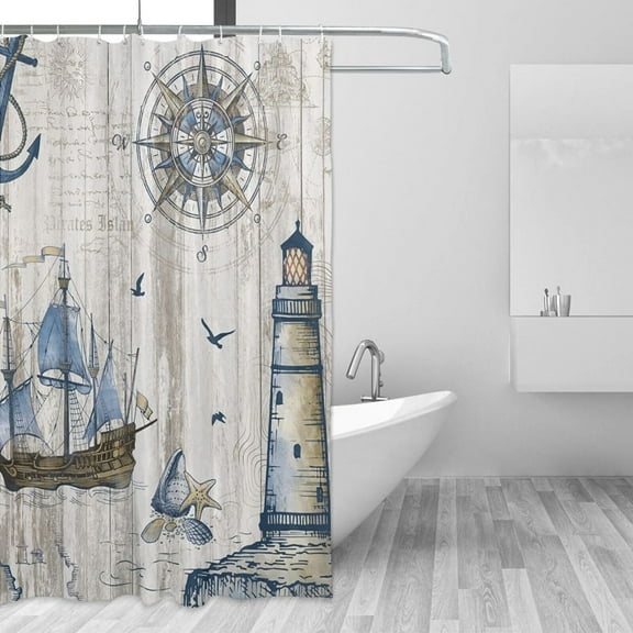 JOOCAR Vintage Nautical Sailboat Compass Anchor Lighthouse Polyester Shower Curtain for Bathroom