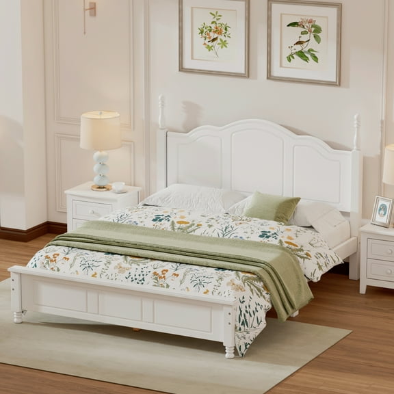 Euroco Wood Queen Size Platform Bed with Retro Style Headboard, White